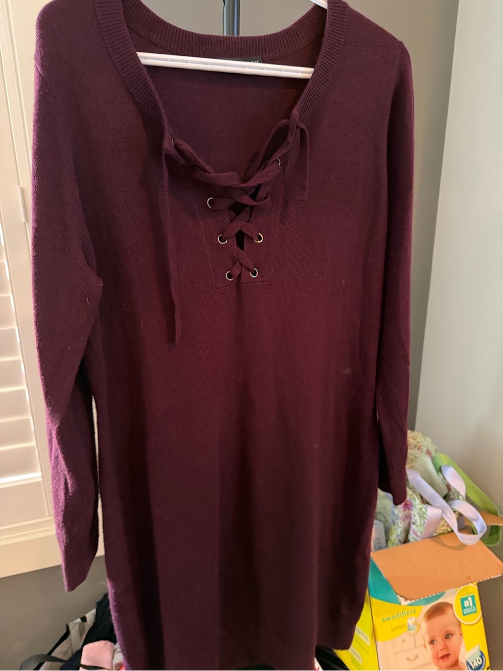 Reitmans Lace-Up Knit Tunic Dress - Plum